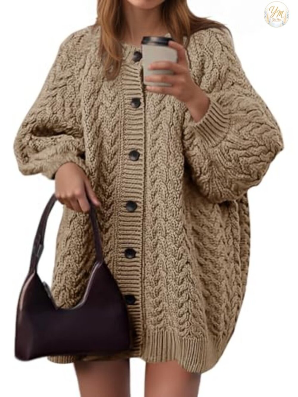 Womens Cable Knit Cardigan Oversized Chunky Button Down Lantern Sleeve Sweater